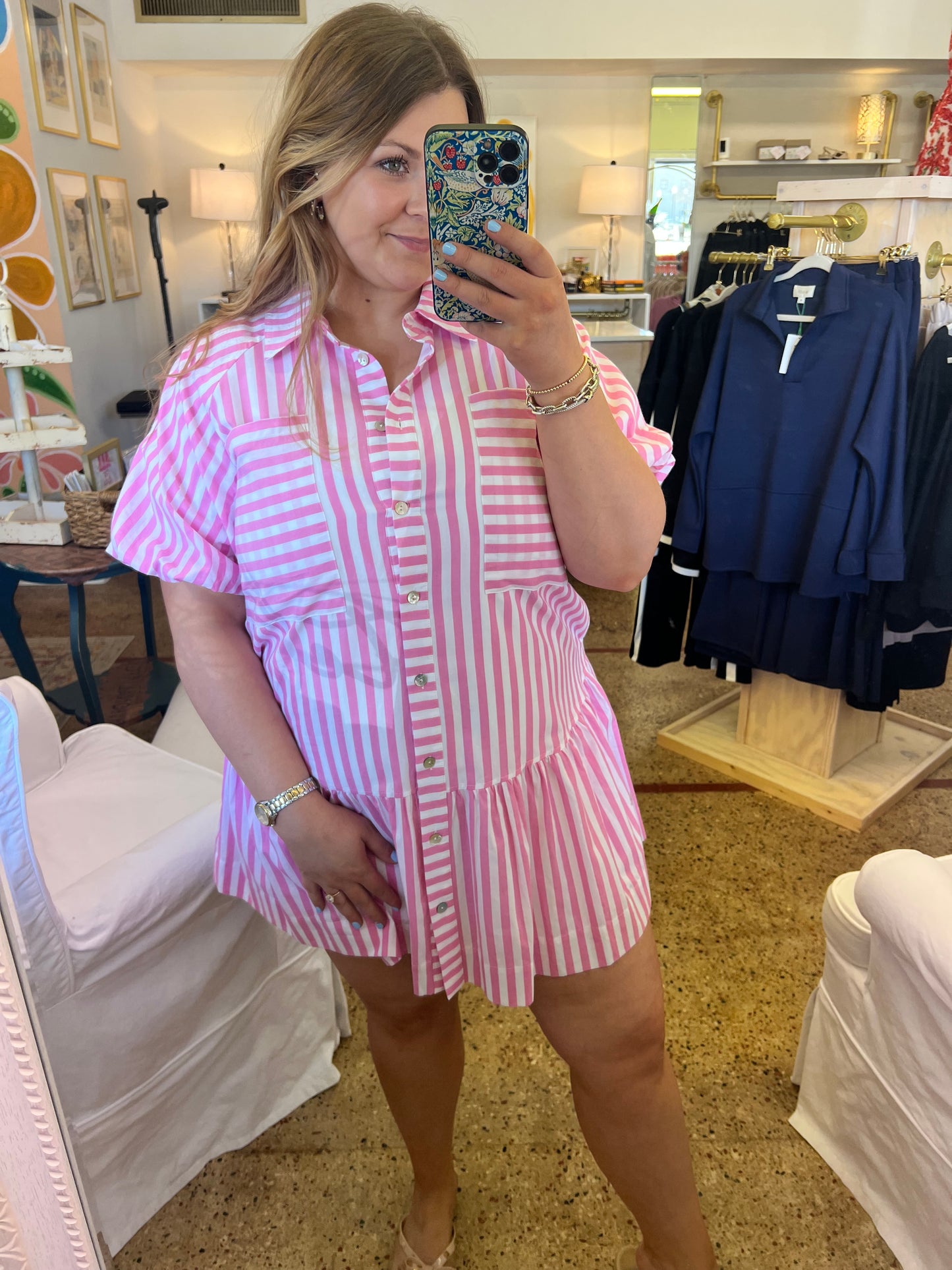 Stripe Button Down Mini Dress-Pink