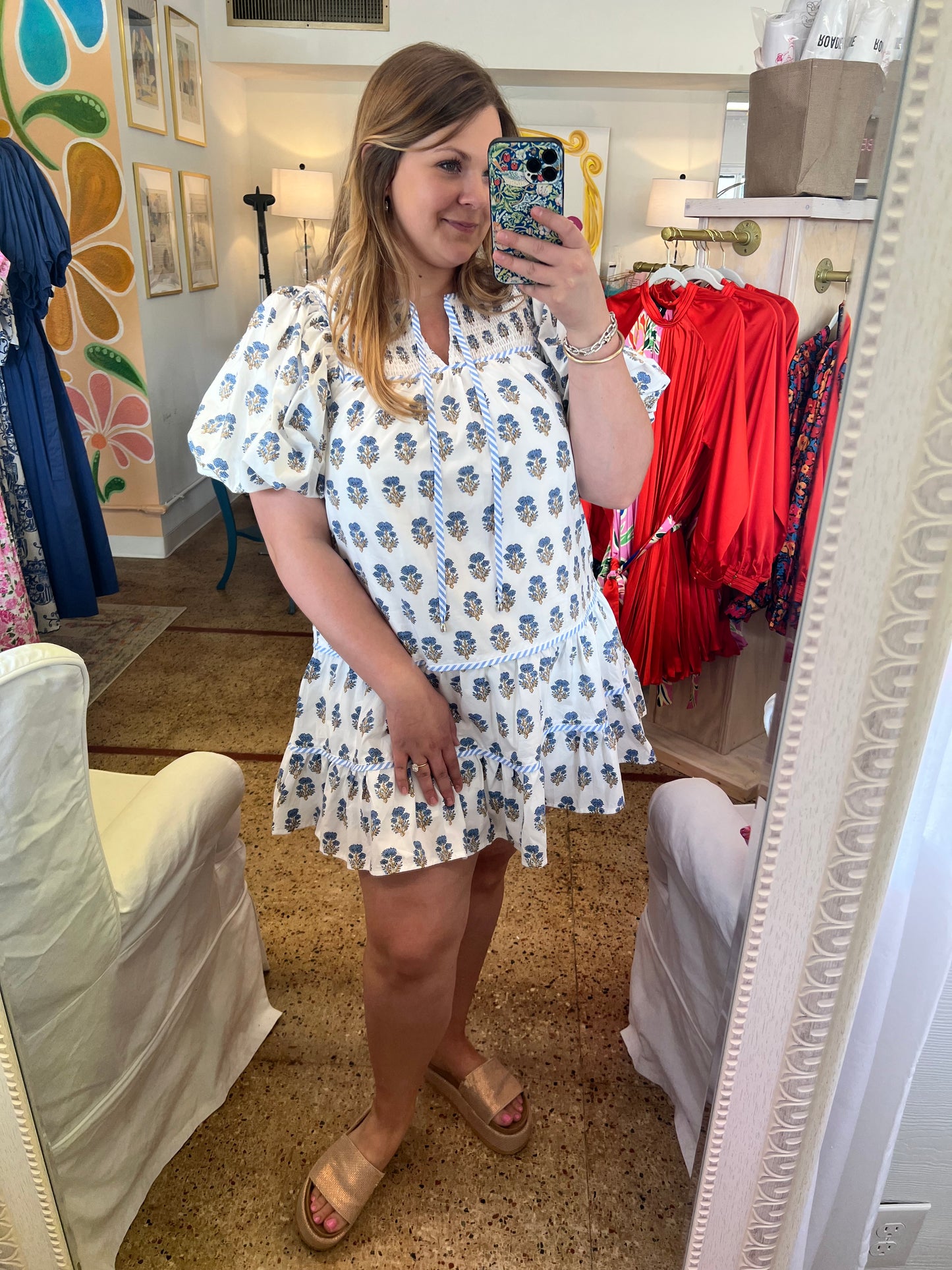 Smocked Yoke Dress Blue Flowers