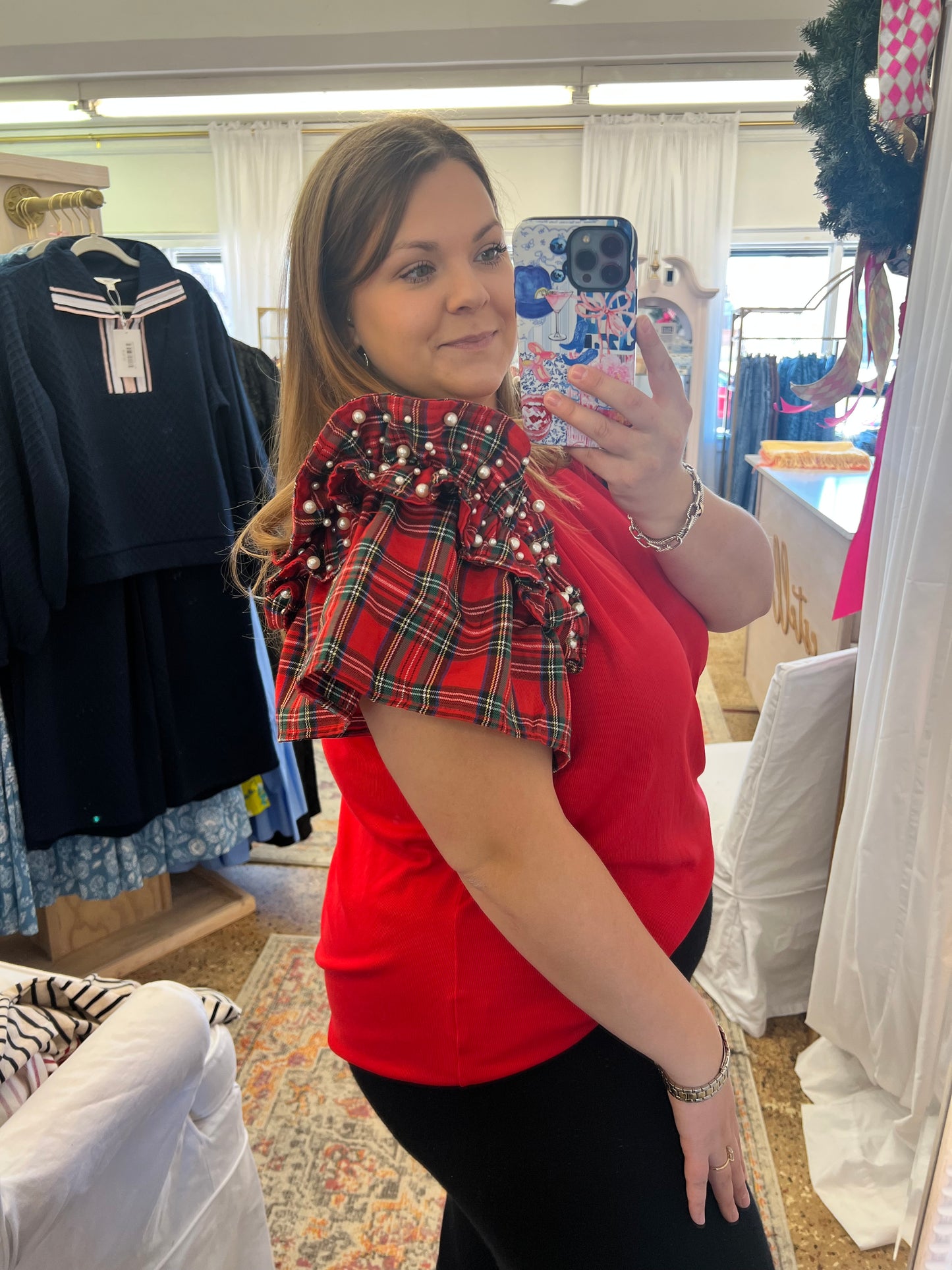 Plaid Pearl Ruffle Tee