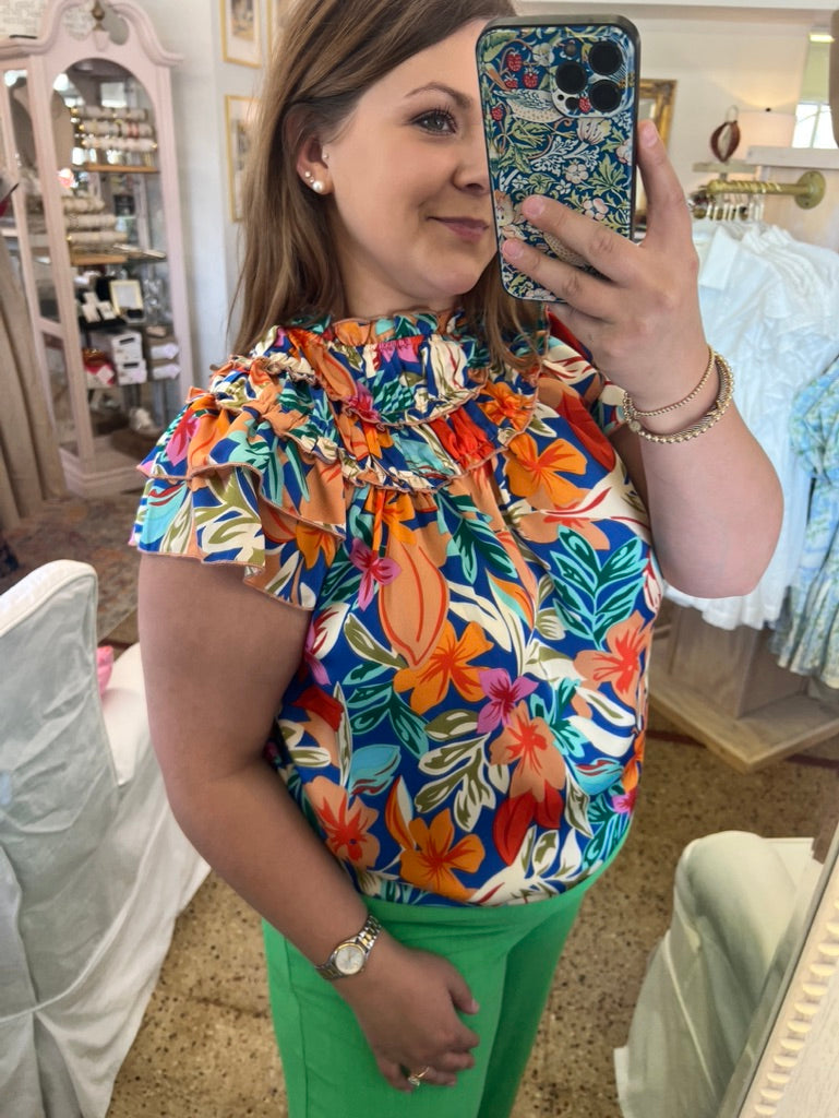 Tropical Flower Ruffled Blouse