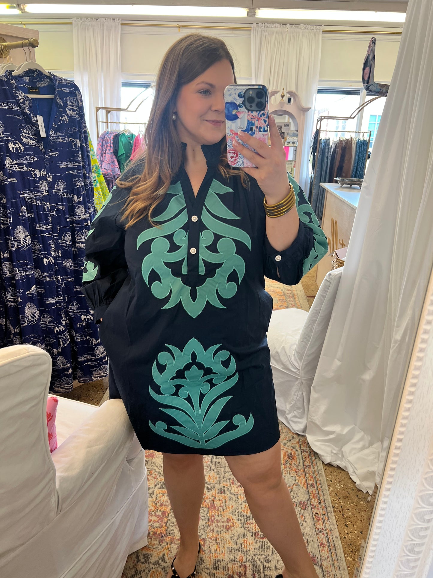 Baroque Floral Applique Dress-Navy