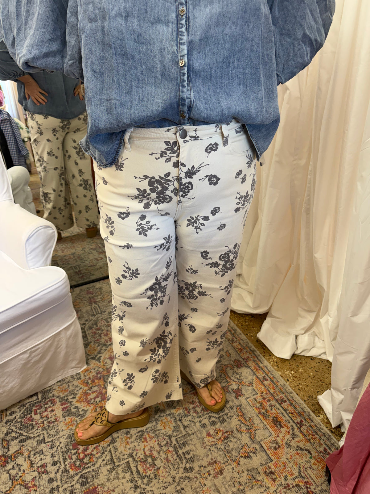 Grey Floral Straight Leg Pants