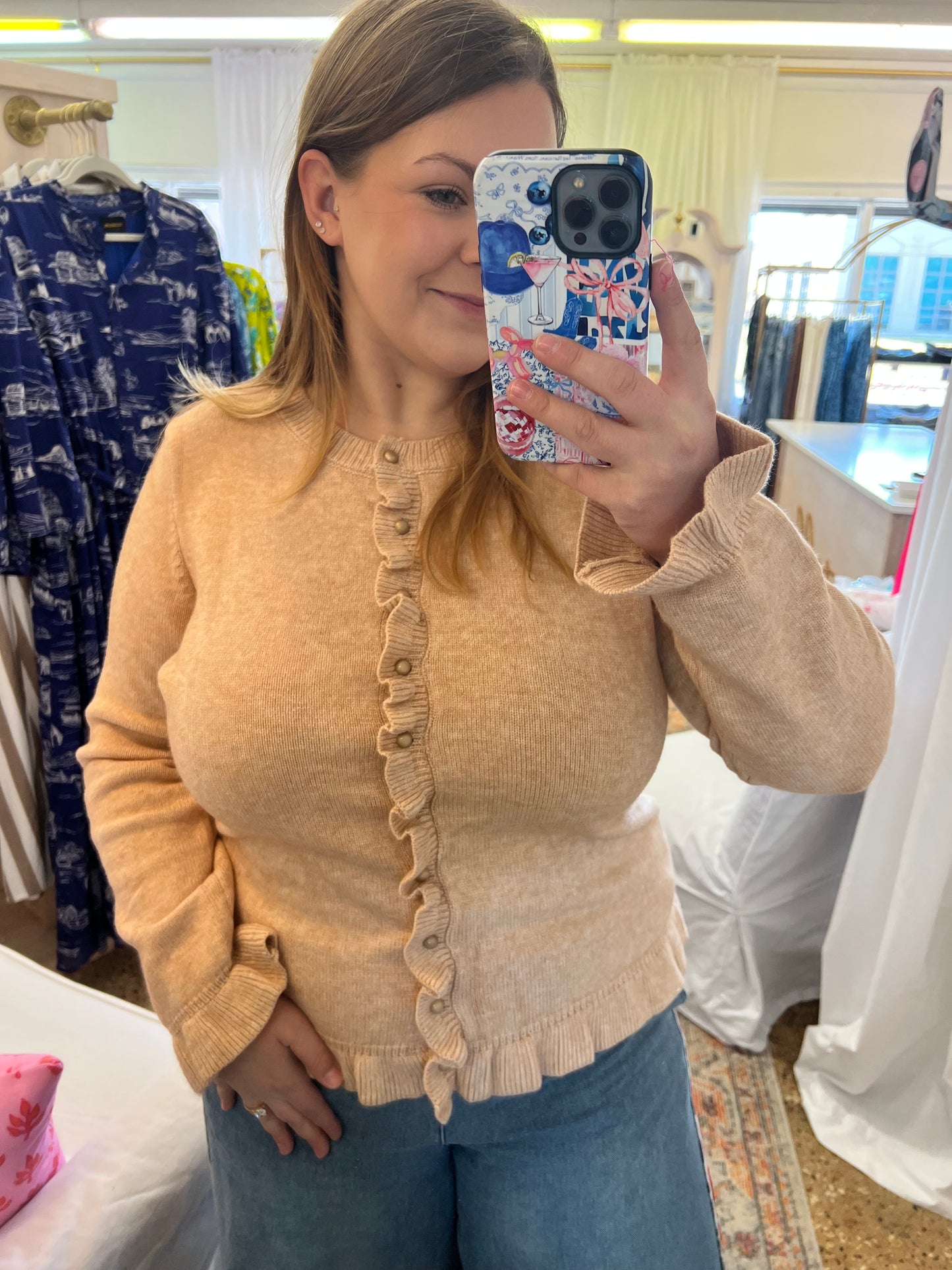 Ruffle Trim Taupe Cardigan