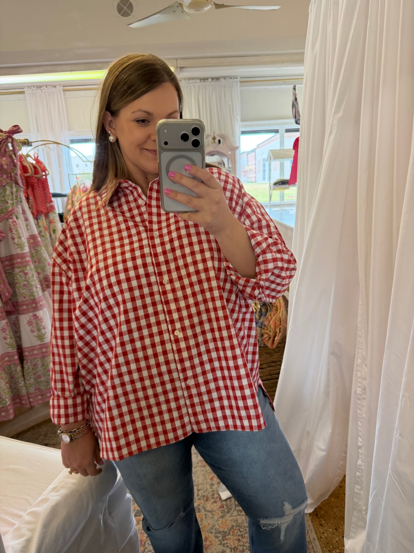 Linen Blend Gingham Button Up-Red