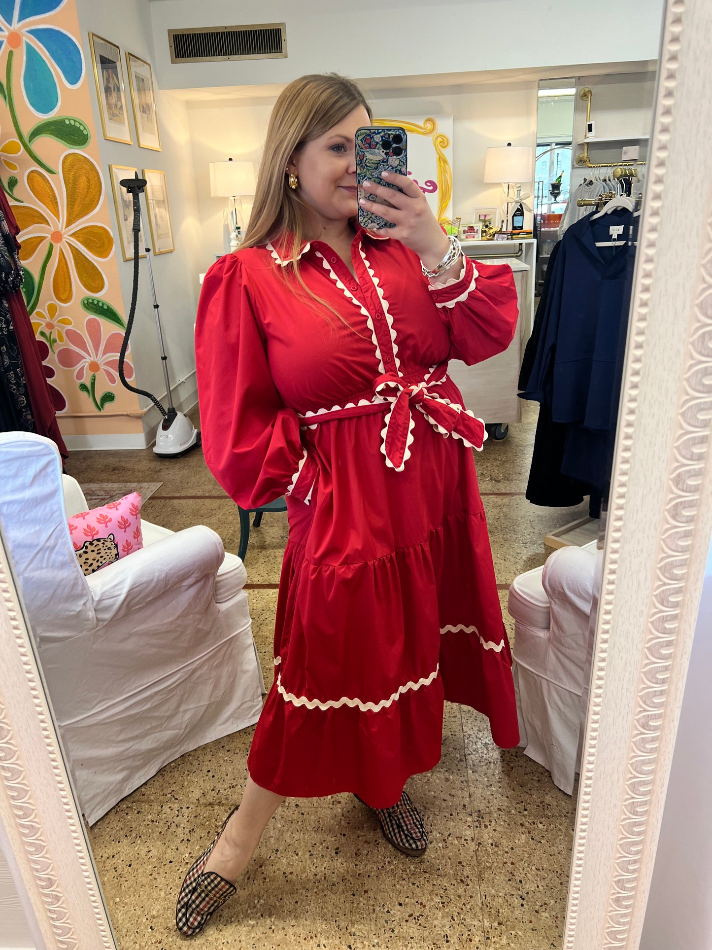 Red Belted Midi Dress