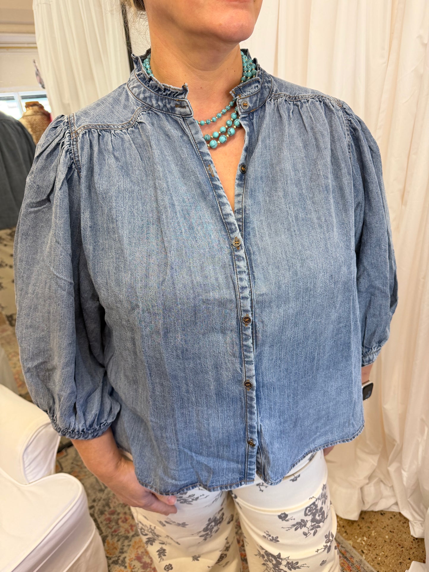 Ruffle Neck Chambray Blouse
